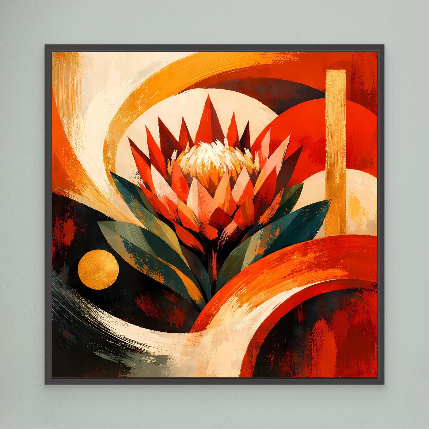 Leinwandbild mit abstrakter Protea, schwarzer Rahmen, rote, orange und goldene Blumenformen