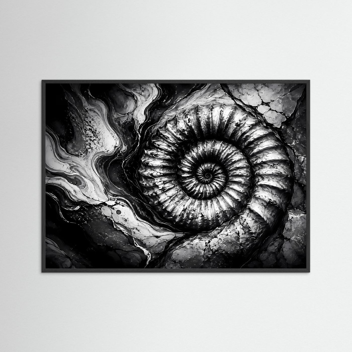 Ammonit Fossil Schwarz Weiß Poster | Geologische Wandkunst | Makro Fossilien Kunst | Monochrome Natur Fotokunst | Moderne Leinwand
