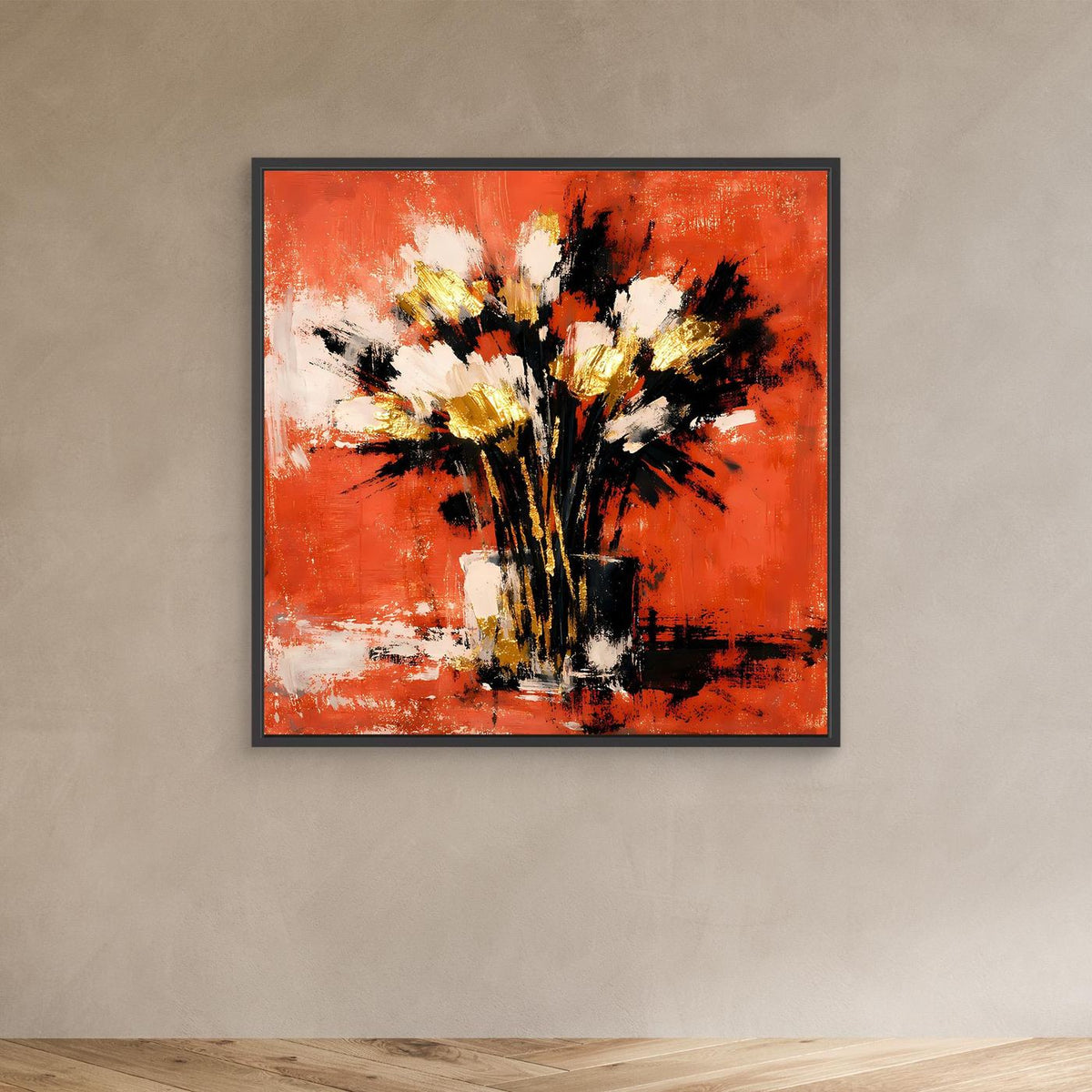 Leinwand-Wandbild mit abstraktem Blumenstrauß in Terrakotta, Weiß und Gold im schwarzen Rahmen