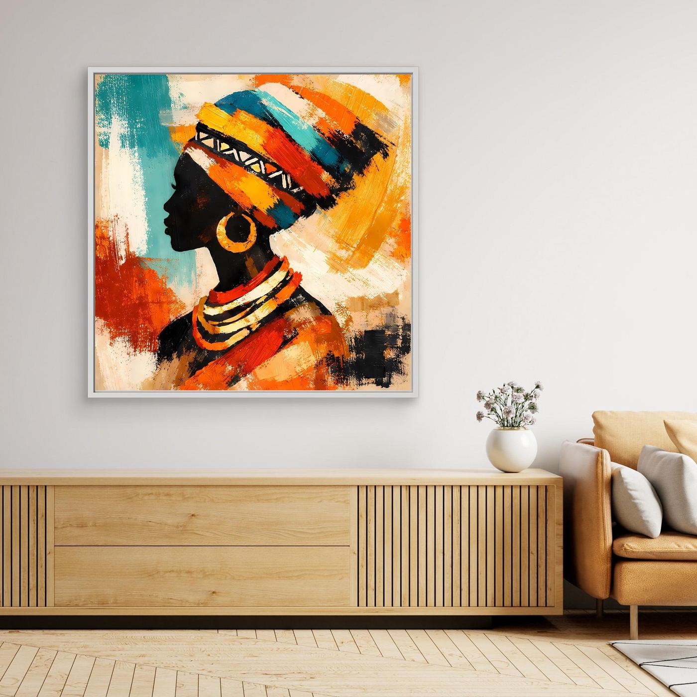 Abstract canvas wall art of an African woman in profile, teal orange black tones, white frame
