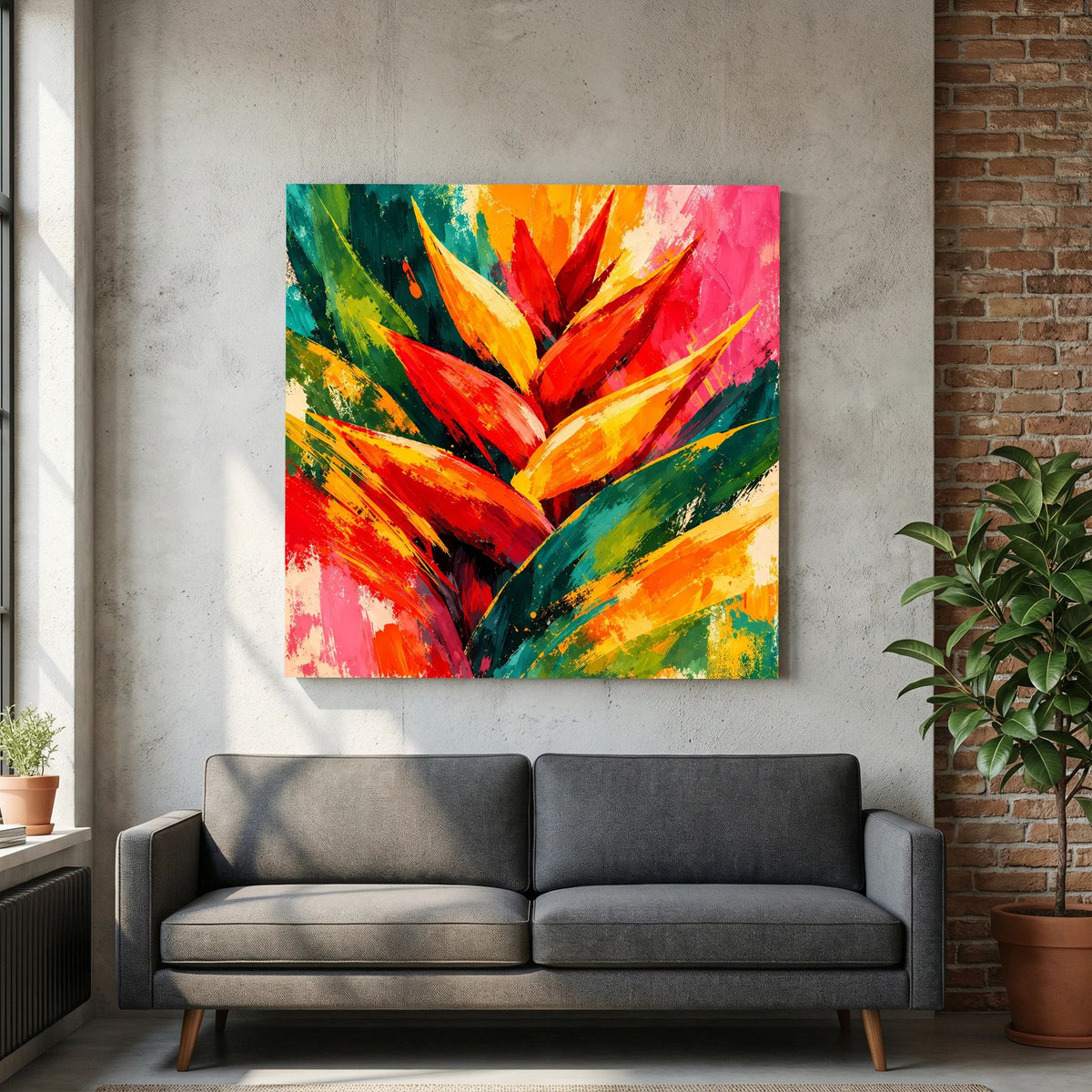 Leinwand Abstrakte Helikonie Blüte | Modernes Tropen Wandbild Bunt Exotisch