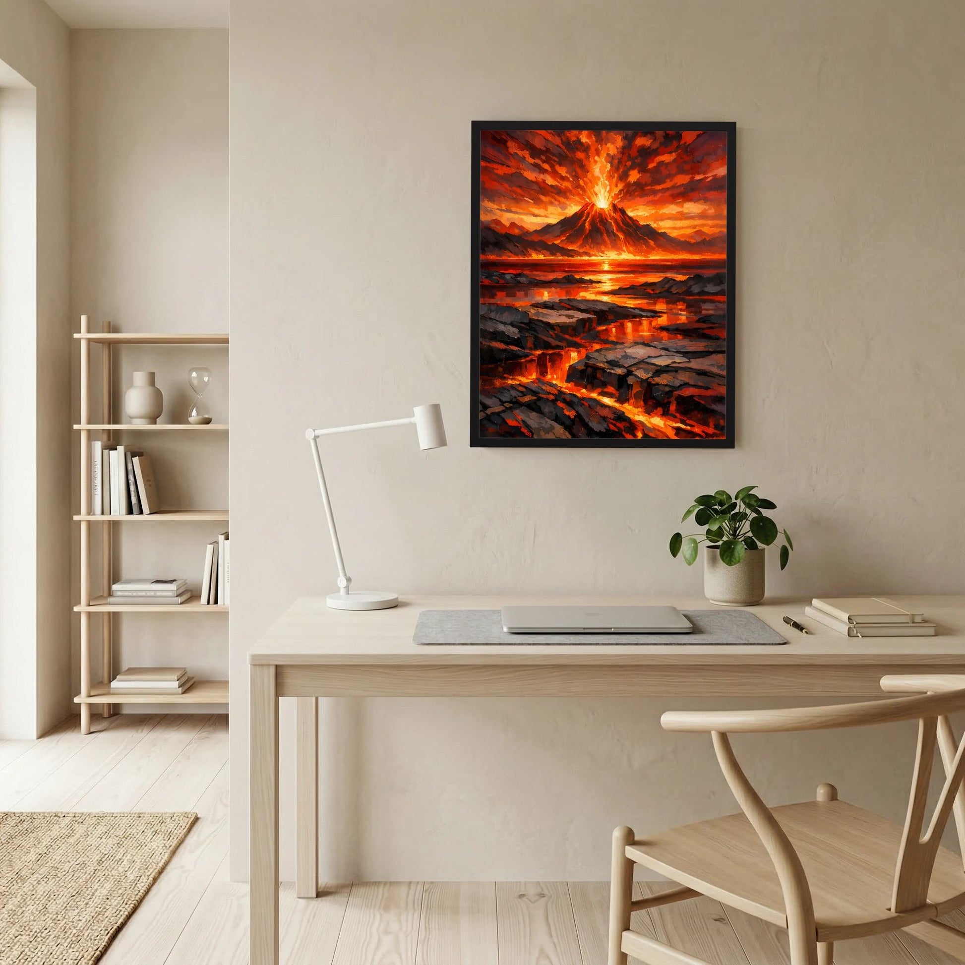 Gerahmtes Hochformat-Poster: Lavafluss über dunklen Gesteinsbrocken und orangefarbener Himmel