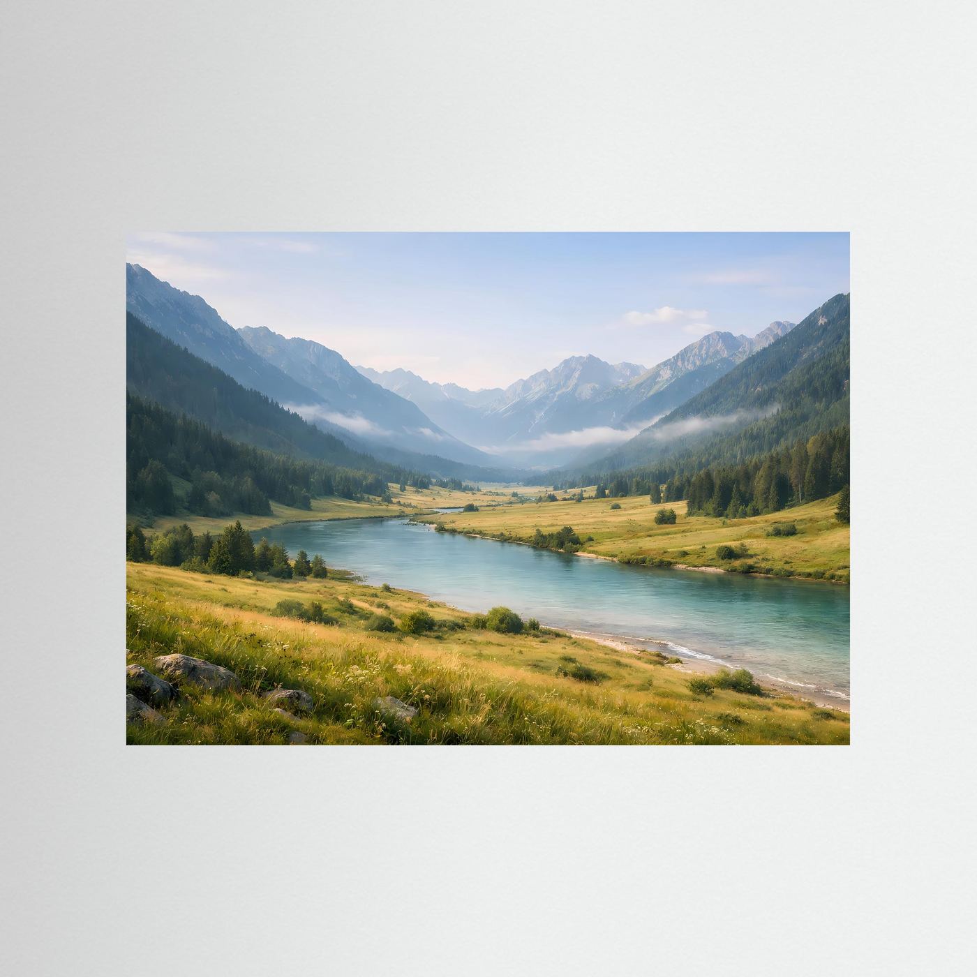 Bergtal Poster | Kristallklarer Fluss zwischen Alpen | Panorama Landschaft Fotografie | Natur Wandbild mit Bergen und Wiesen