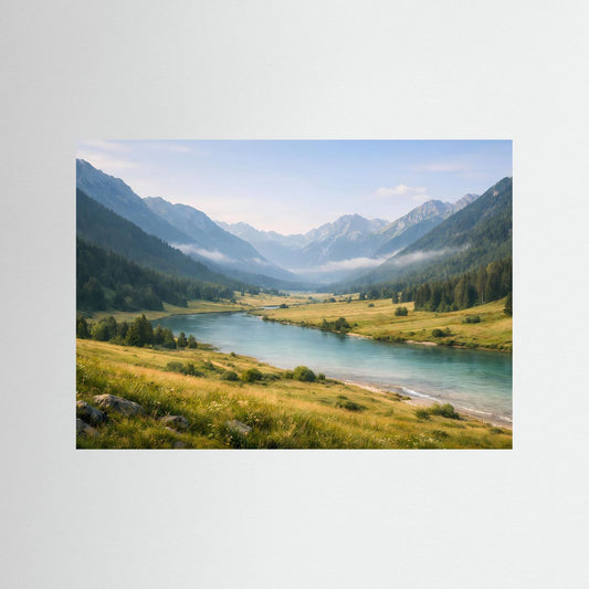 Panoramisches Landschaftsposter mit Fluss, Wiesen und Bergen