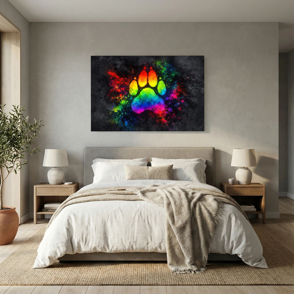Gerahmtes Wandbild mit buntem Pfotenabdruck, Querformat, Farbverlauf und Farbspritzer