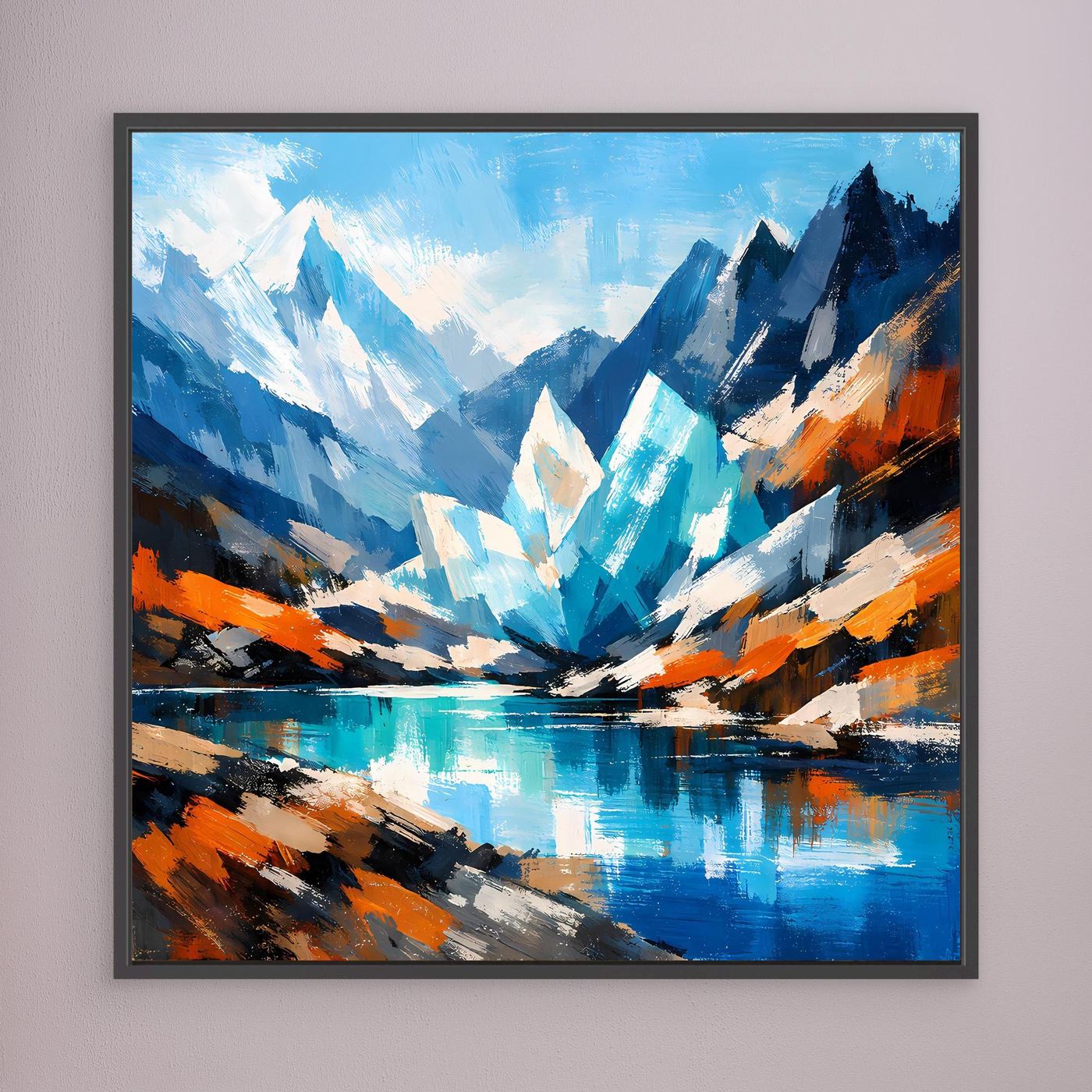 Abstraktes Leinwand-Wandbild mit Bergen und See, blau/türkis, dunkelgrau gerahmt