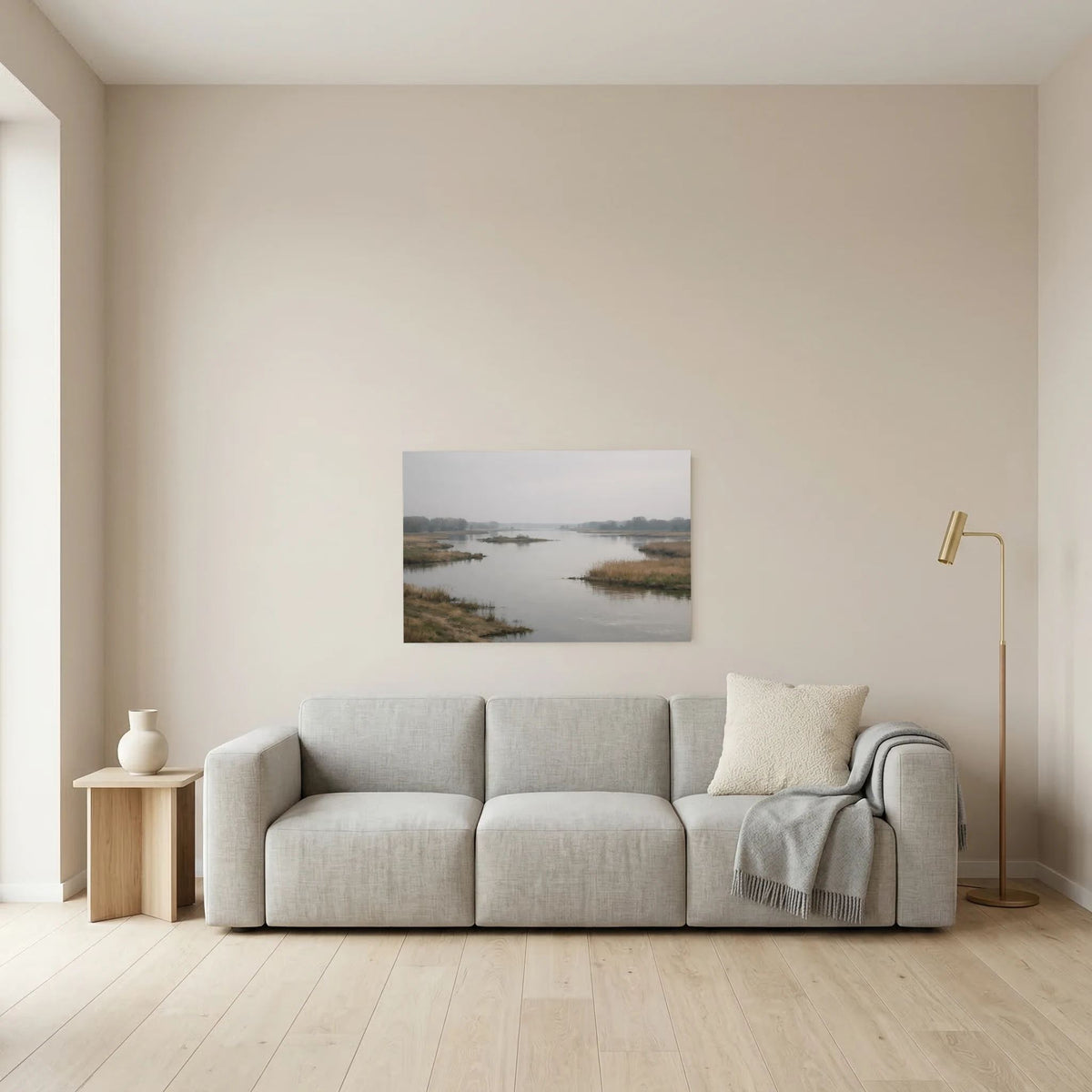 Wandbild im Querformat mit Flusslandschaft im Morgennebel an der Wand