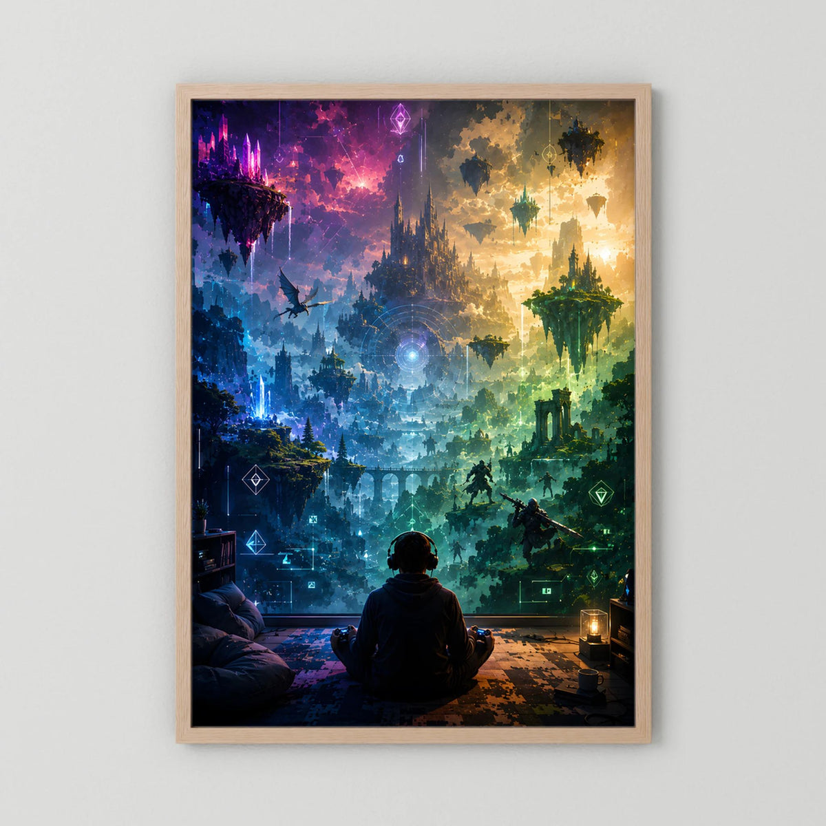 Kunstposter im hellen Holzbilderrahmen, Gaming-Landschaft mit schwebenden Inseln, Hochformat