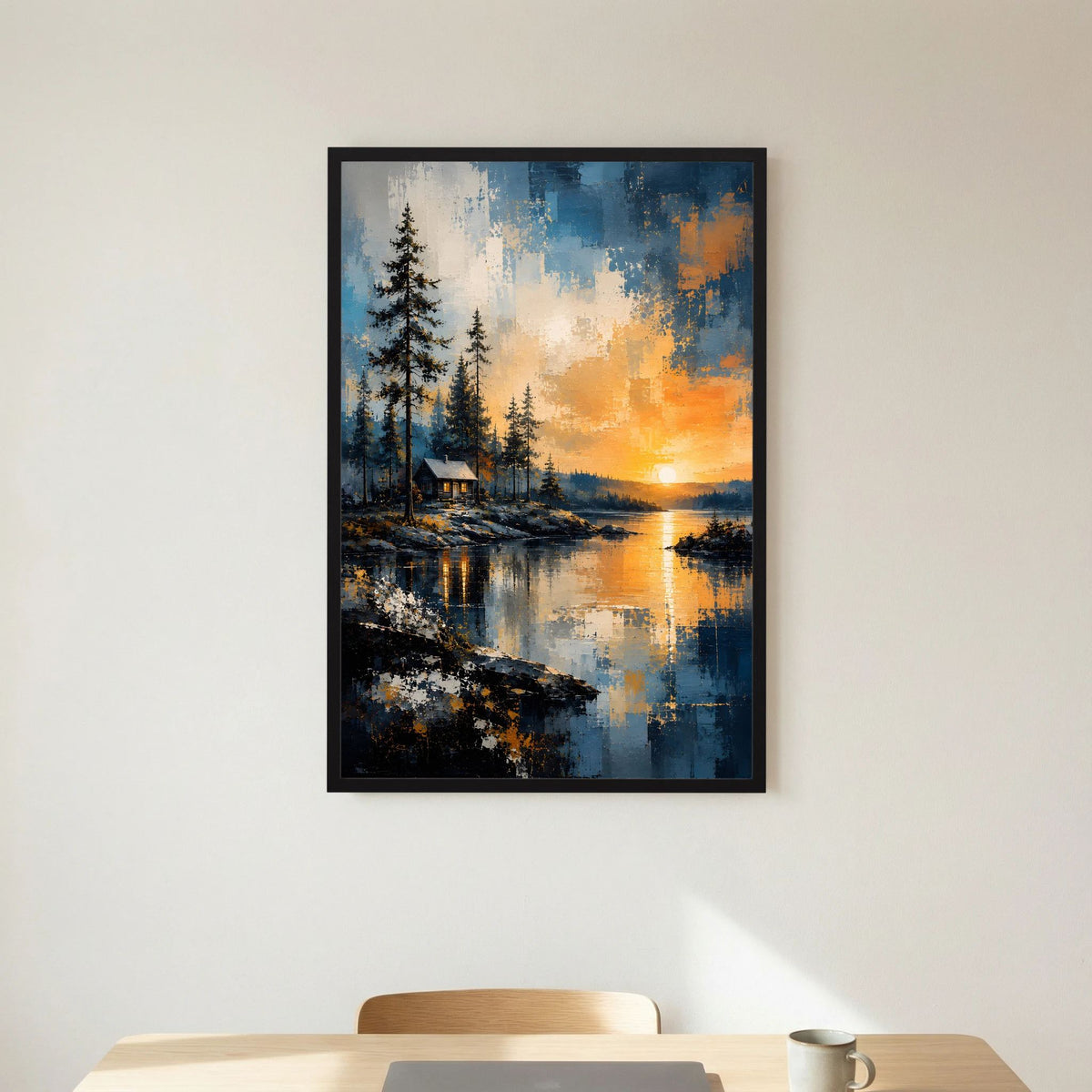 Naturposter mit abstrakter Waldlandschaft, Hütte am Wasser und Sonnenuntergang, schwarz gerahmt
