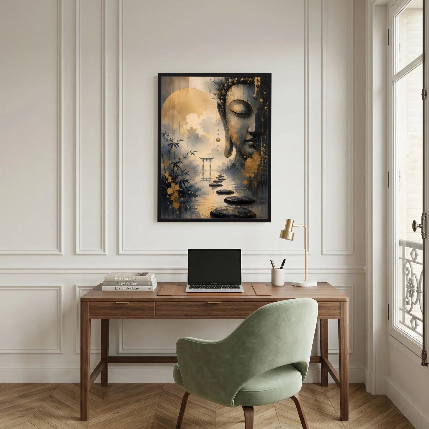 Buddha-Poster im schwarzen Rahmen: Buddha im Profil, Gold-Details und Wassersteine