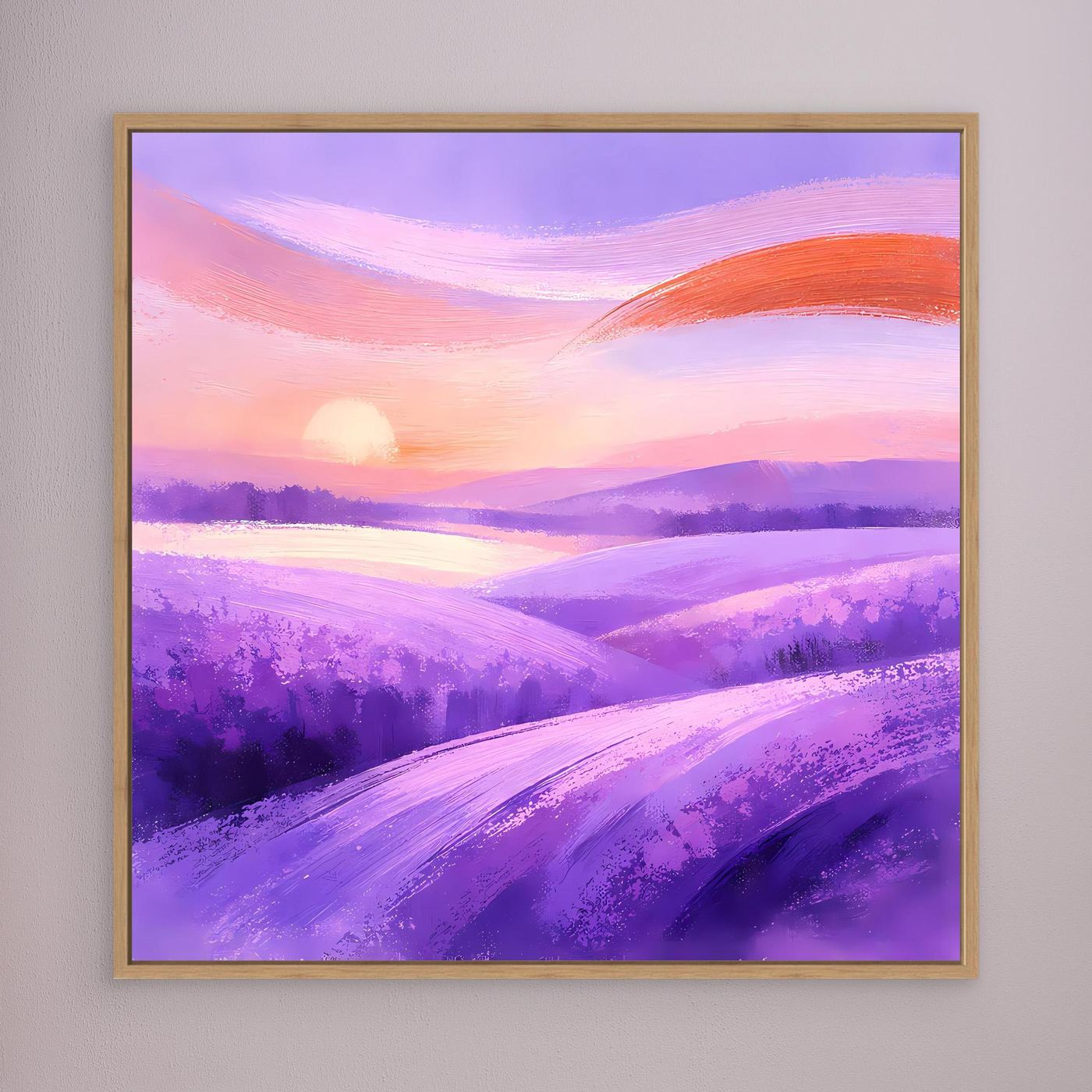 Leinwandbild mit abstrakten Lavendelfeldern und orangefarbenem Himmel, Eiche gerahmt