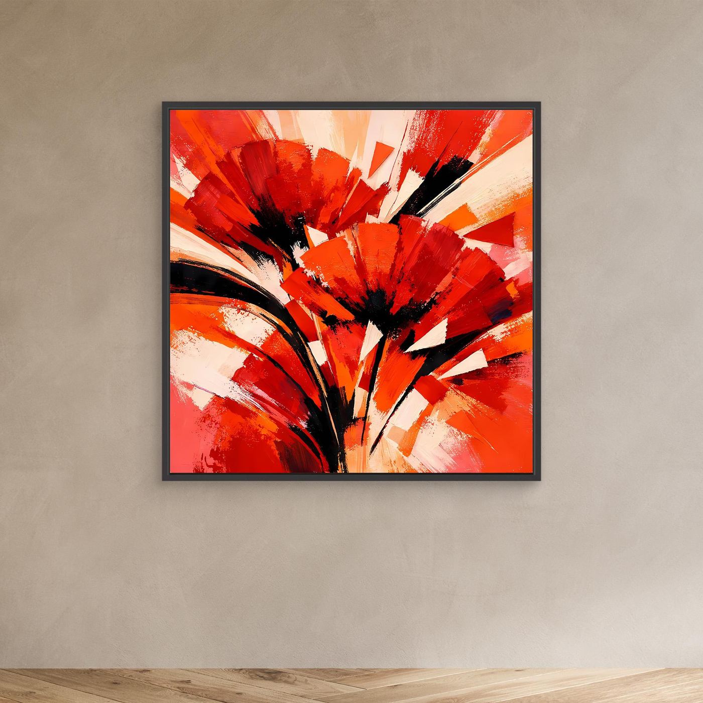 Abstraktes Leinwandbild mit Mohnblüten in Rot/Orange, im schwarzen Rahmen