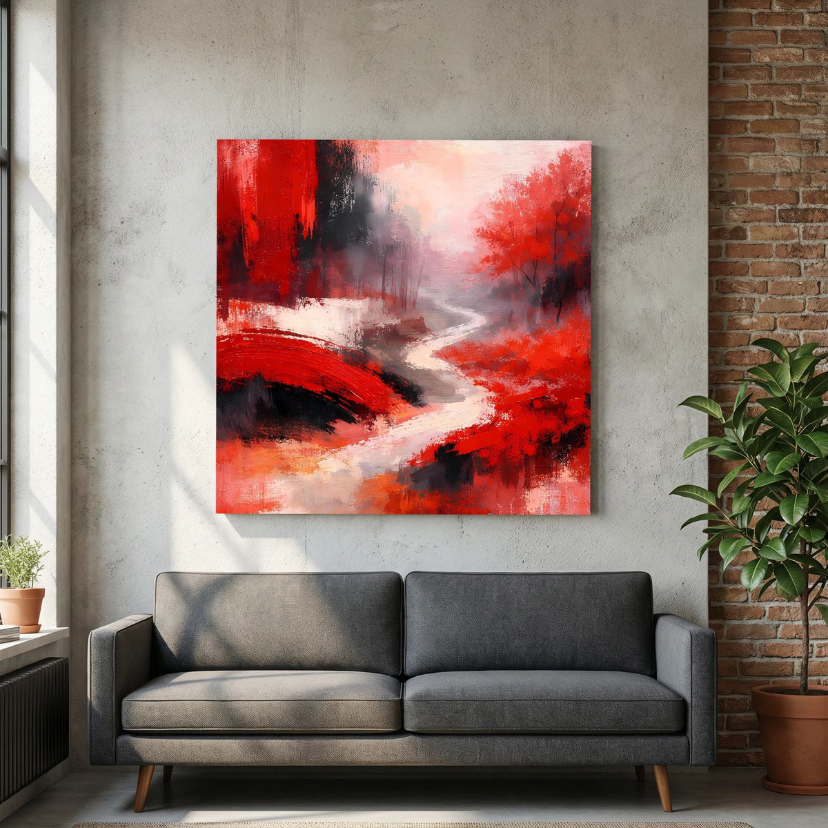 Leinwand-Wandbild mit roter Brücke über Fluss, schwarze Akzente und weiße Pinselzüge