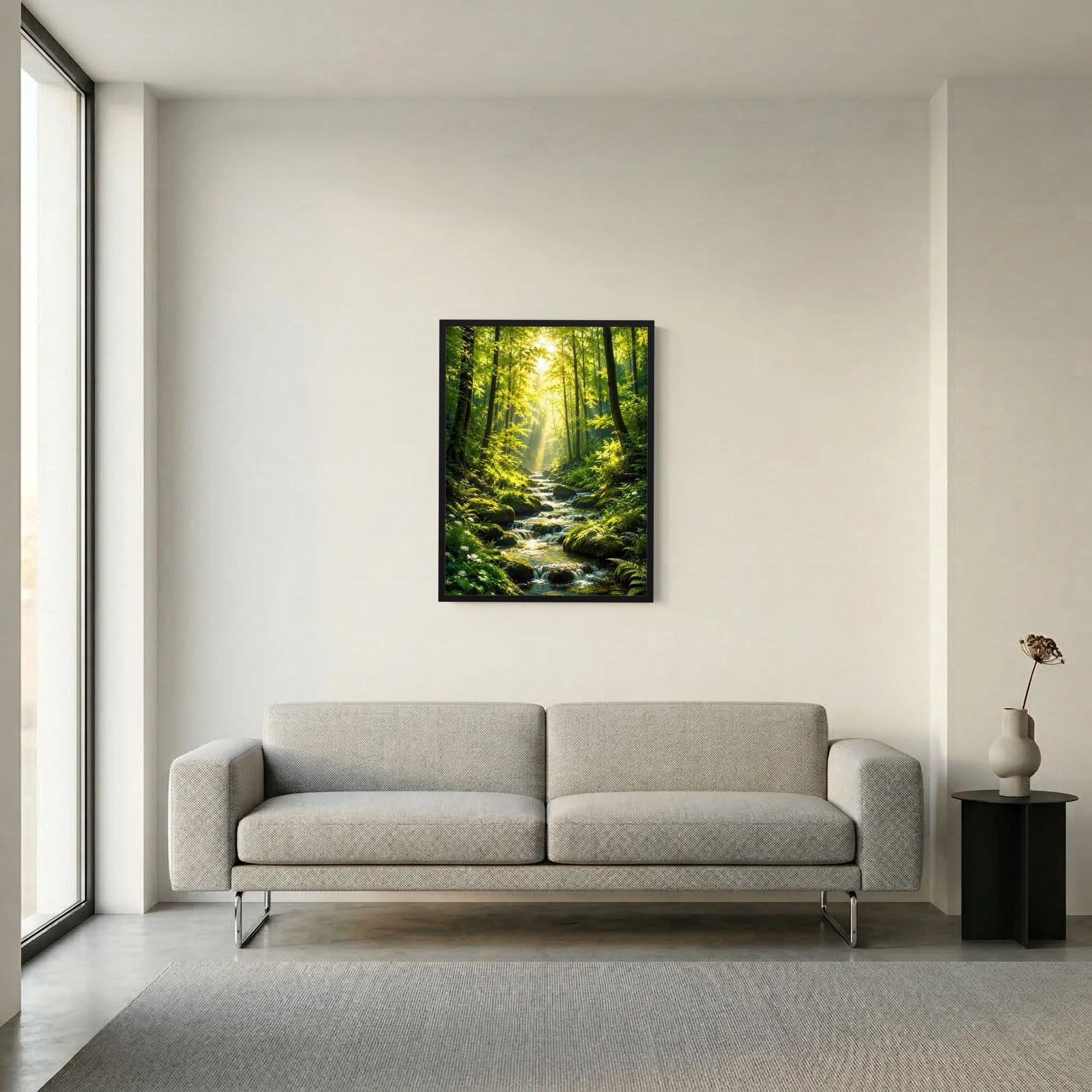 Hochformat-Poster mit Waldpfad, Bachlauf und Sonnenlicht, schwarz gerahmt