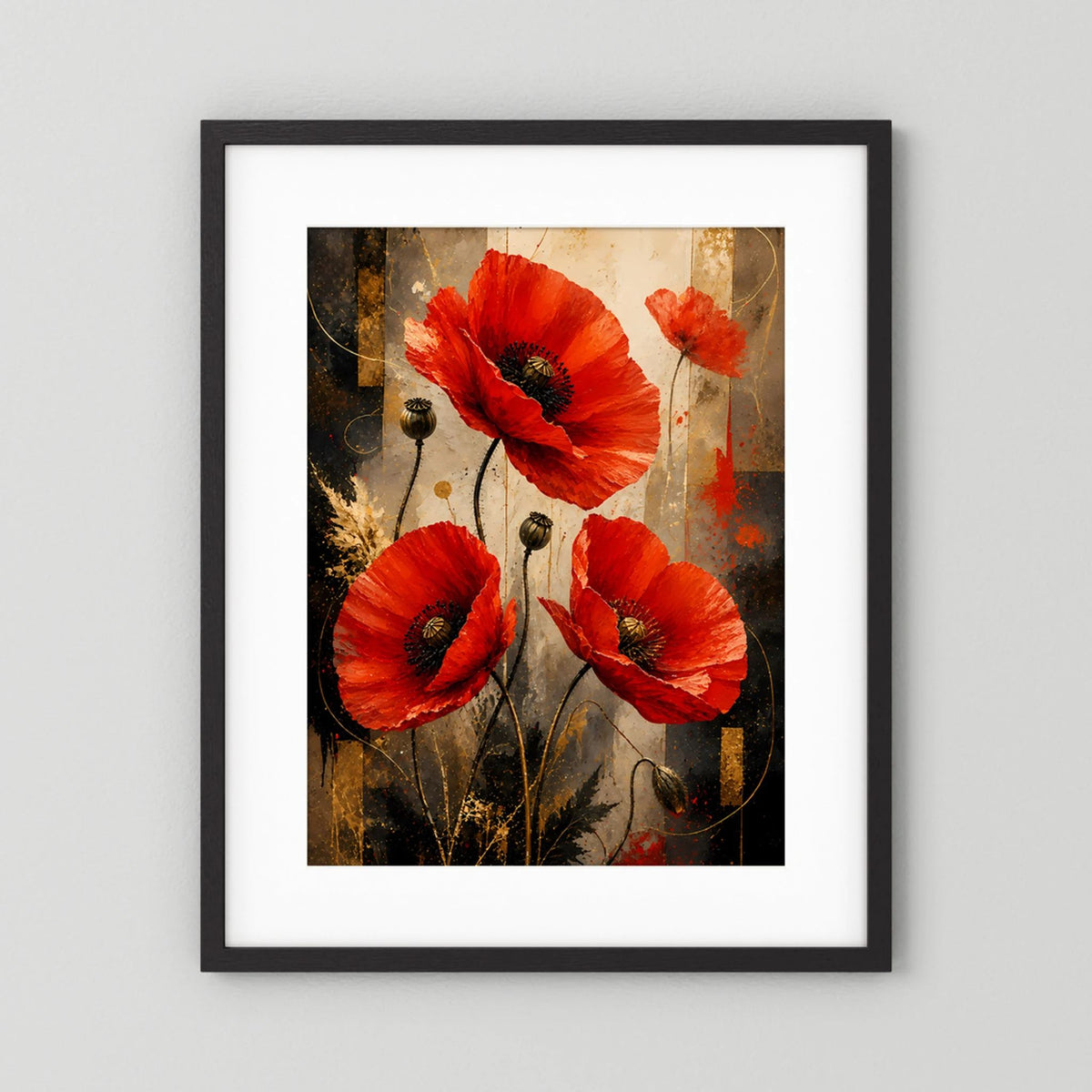 Roter Mohn in Gold & Schwarz | Elegante florale Kunst | Poster Hochformat