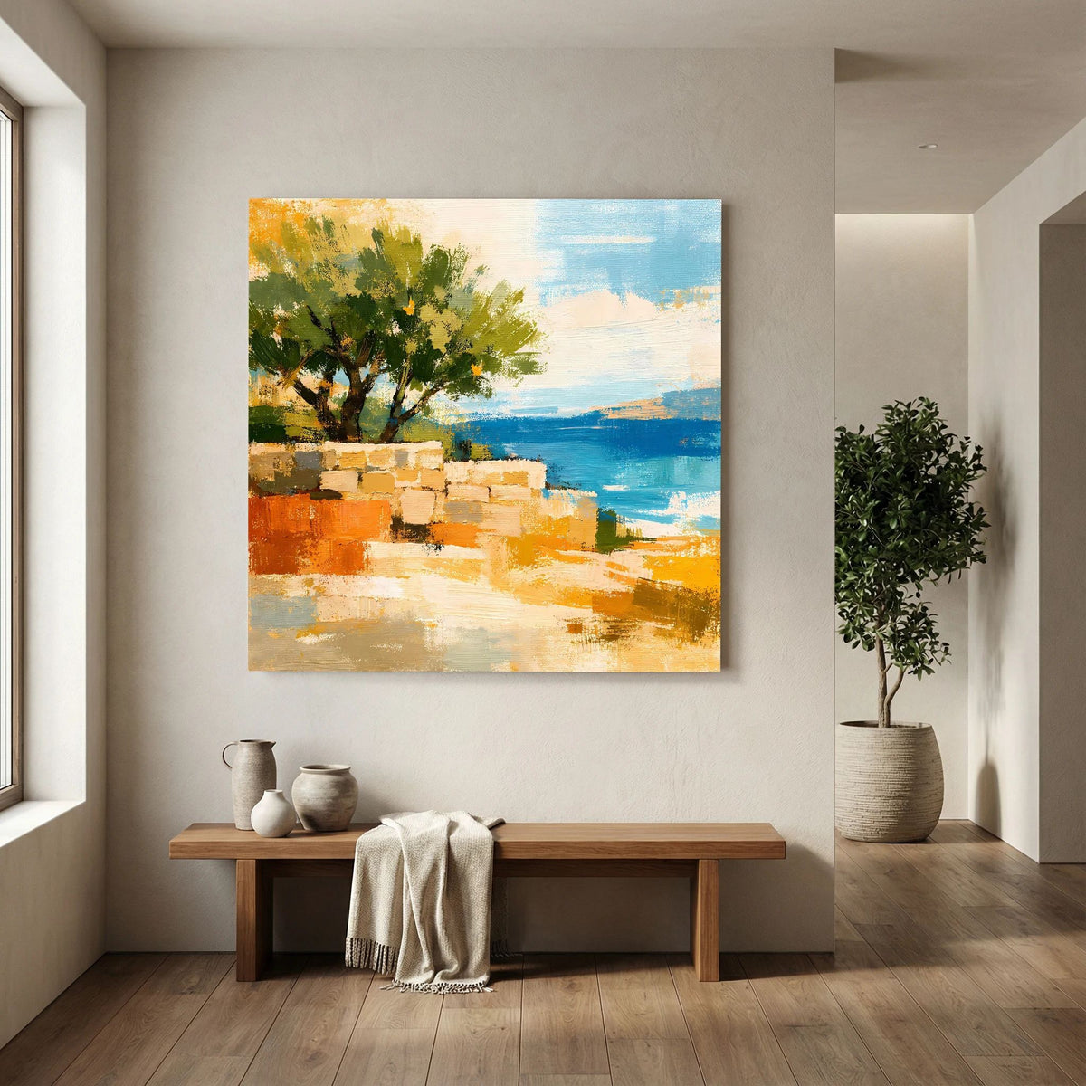 Abstraktes Leinwandbild mit Olivenbaum, orangefarbenen Steinen und blauem Wasser