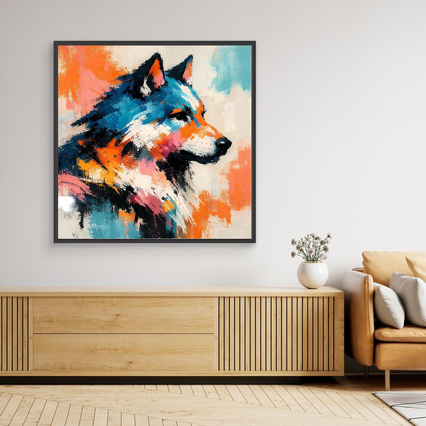 Leinwand-Wandbild mit abstraktem Wolf, mehrfarbig, schwarzer Rahmen