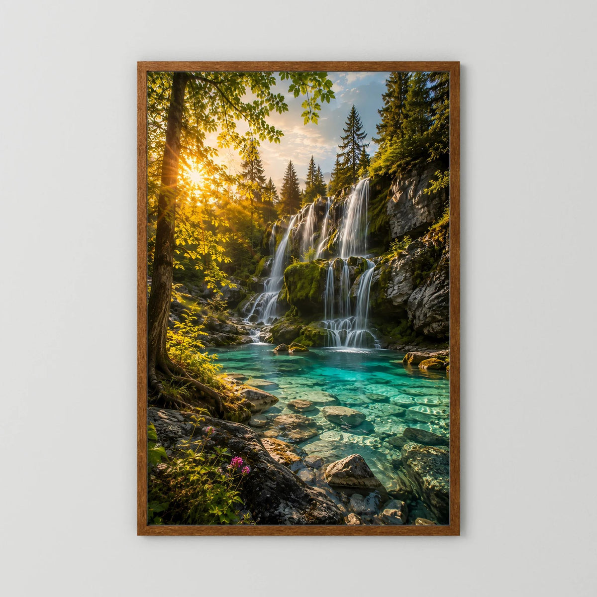 Poster mit Wasserfall im Wald, türkisfarbenem Fluss, brauner Holzrahmen