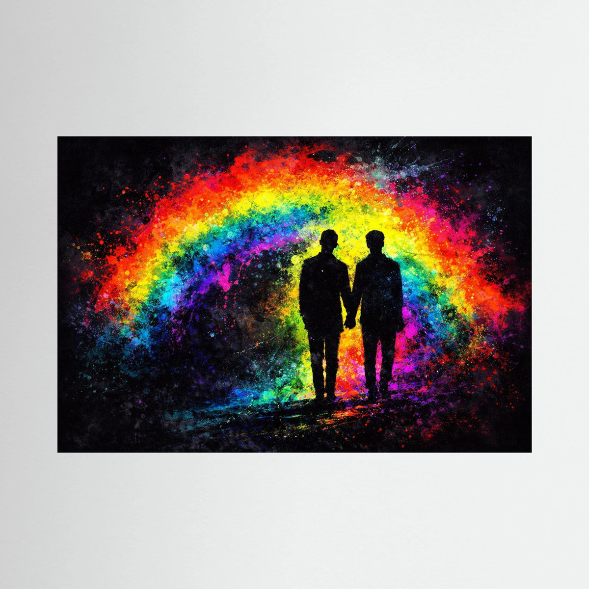 Gerahmtes Wandbild im Querformat mit Silhouettenpaar vor buntem Regenbogenbogen