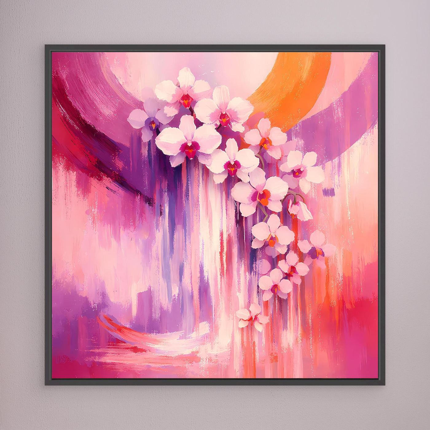 Abstraktes Orchideen-Wandbild mit Blütenzweigen, rosa-violett, schwarz gerahmt