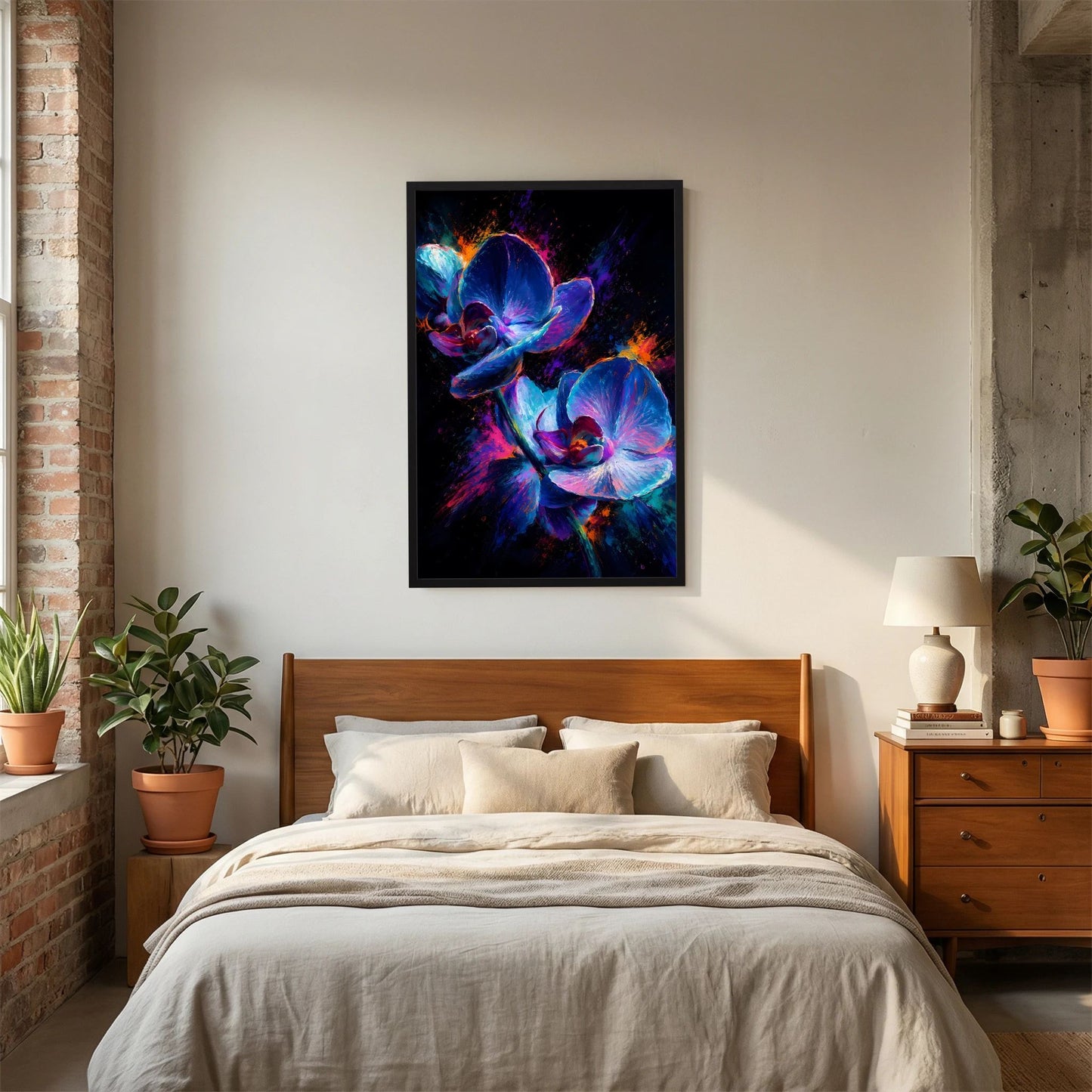 Hochformatiges Poster mit abstrakten Orchideen in Blau und Pink auf schwarzem Hintergrund, schwarzer Rahmen