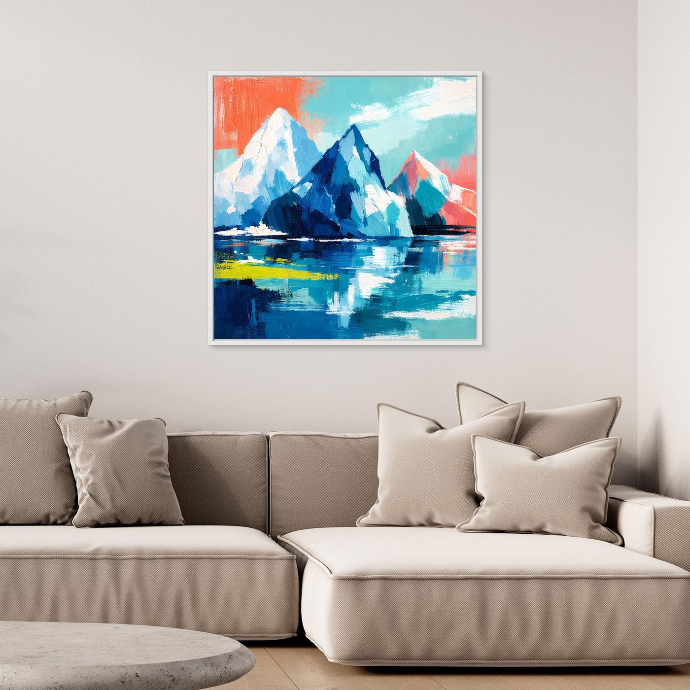 Abstract mountain and sea wall art with blue icebergs and colorful reflections, in a light frame