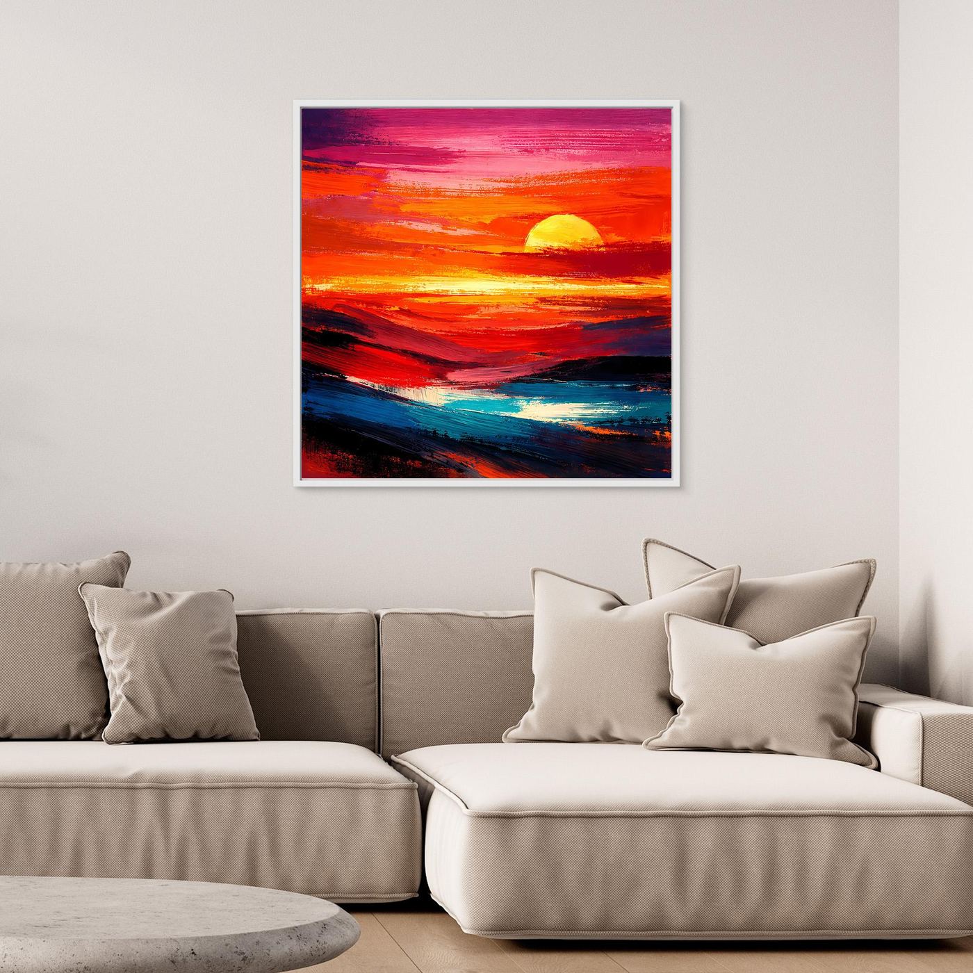 Rechteckiges Leinwandbild mit Rahmen, expressives Meerbild mit orangefarbenem Sonnenuntergang
