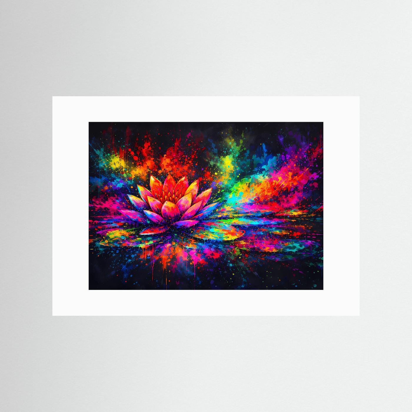 Kunstposter mit Lotusblüte im Graffiti-Look, bunte Spritzer, weißes Passepartout ohne Rahmen