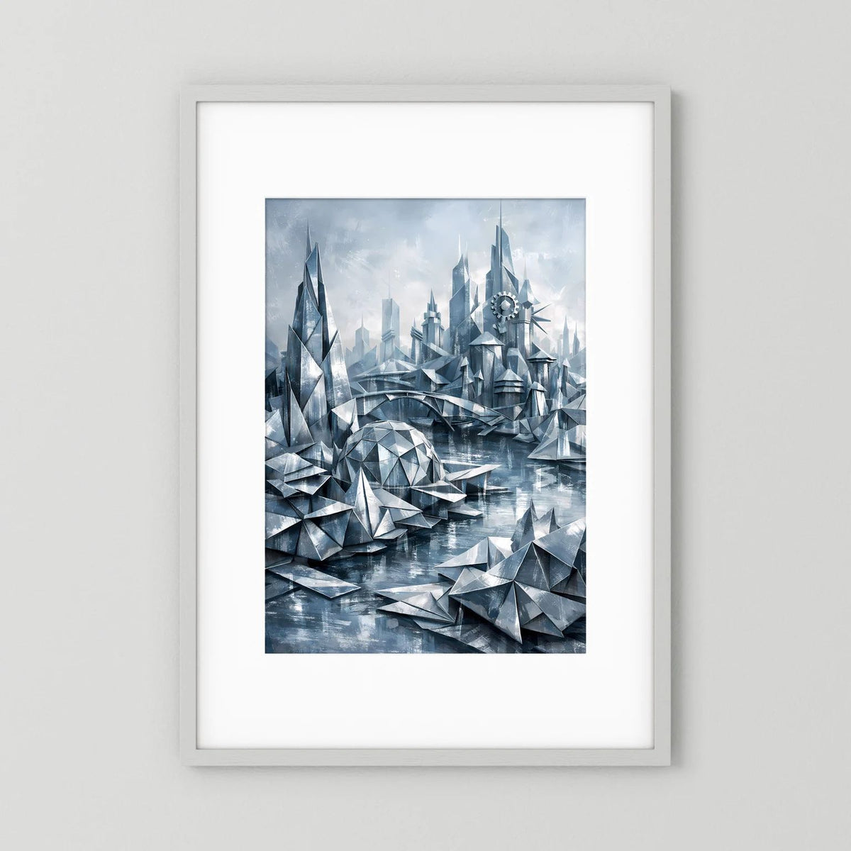 Futuristisches Stadtposter mit geometrischer Fantasiearchitektur in Blau und Silber, hochformatig