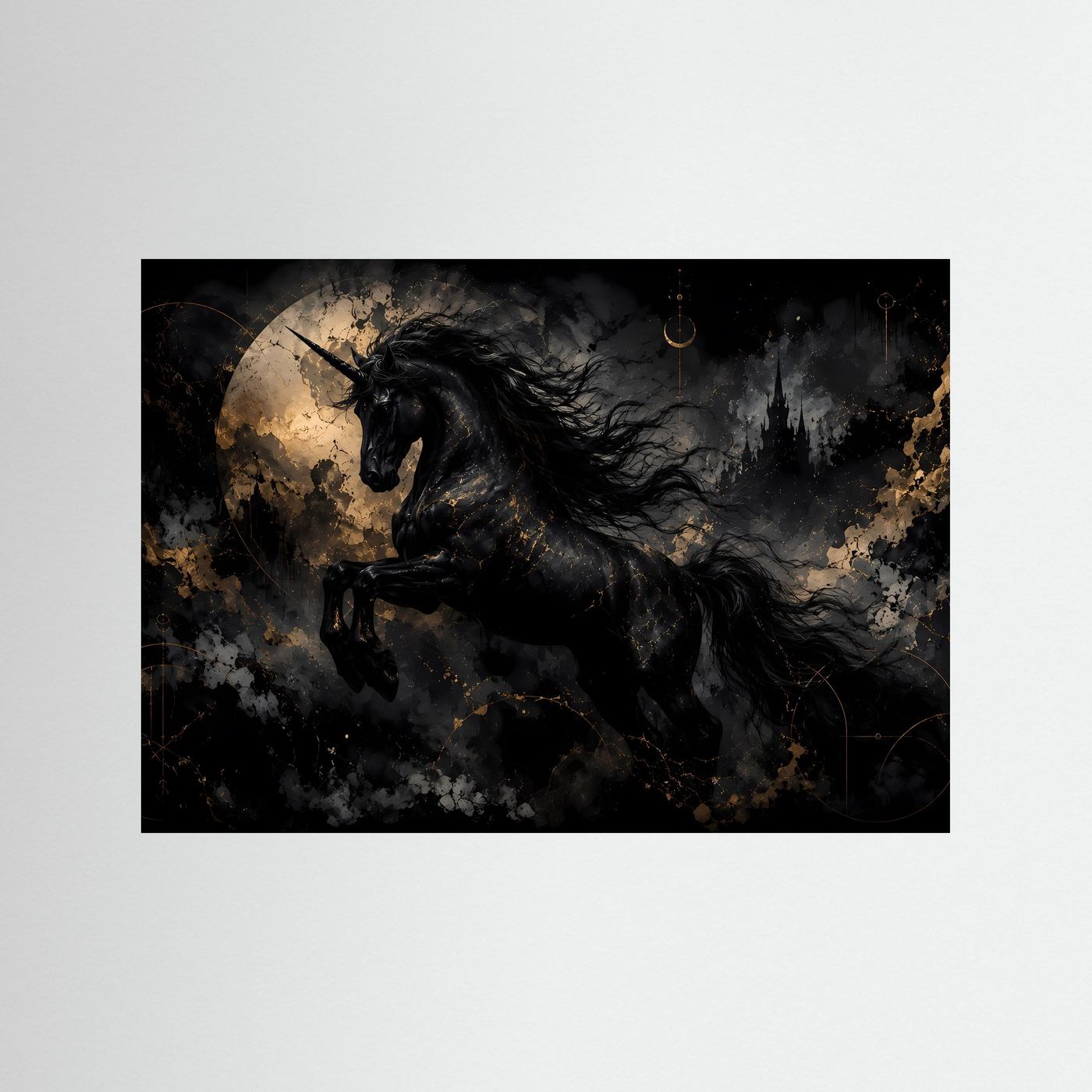 Schwarzes Einhorn Poster | Mystische Fantasy Wandkunst | Gothic Unicorn | Gold Schwarz Kunst | Premium Leinwandbild