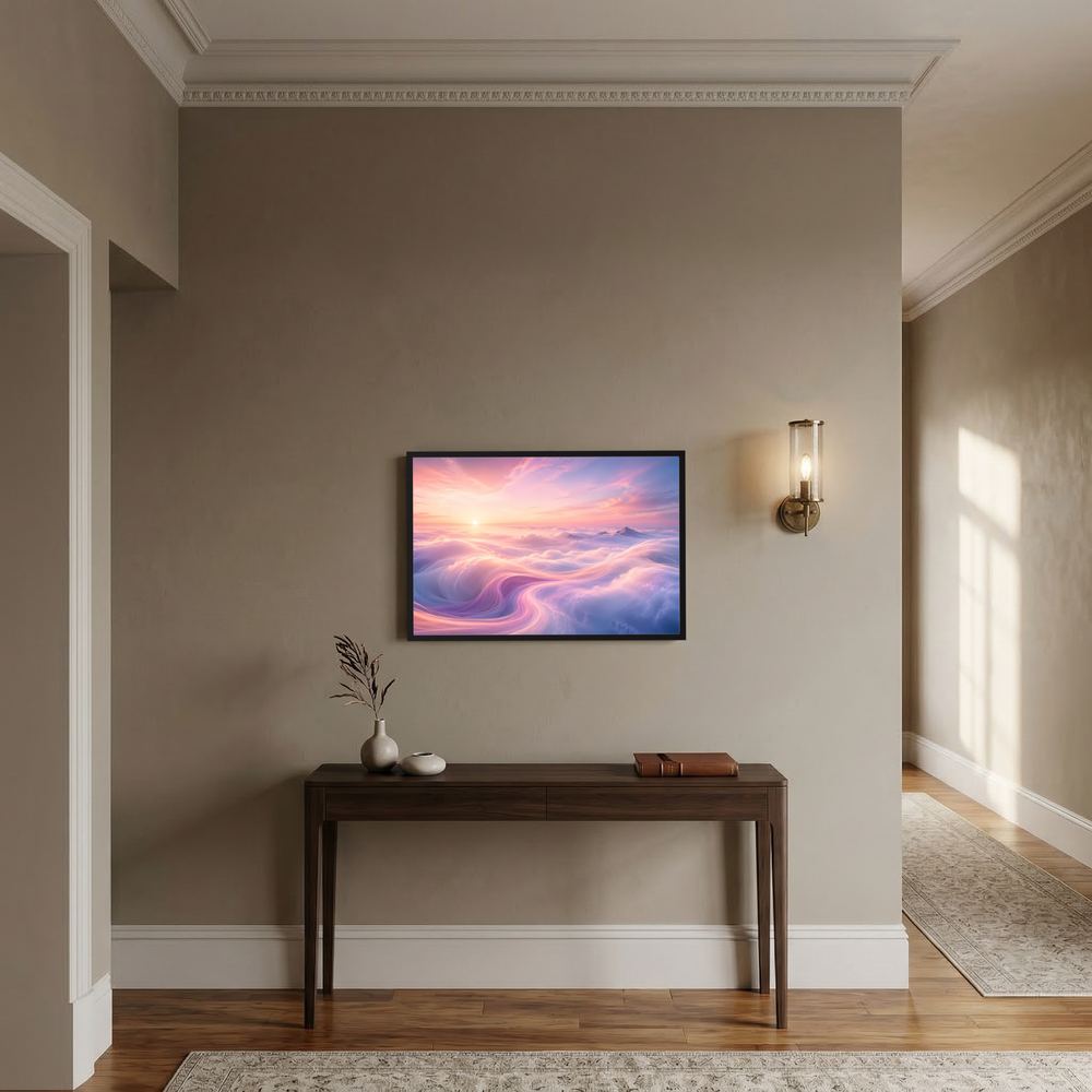 Querformat-Poster mit Wolkenlandschaft, Pastell-Sonnenaufgang in Rosa, Blau und Violett