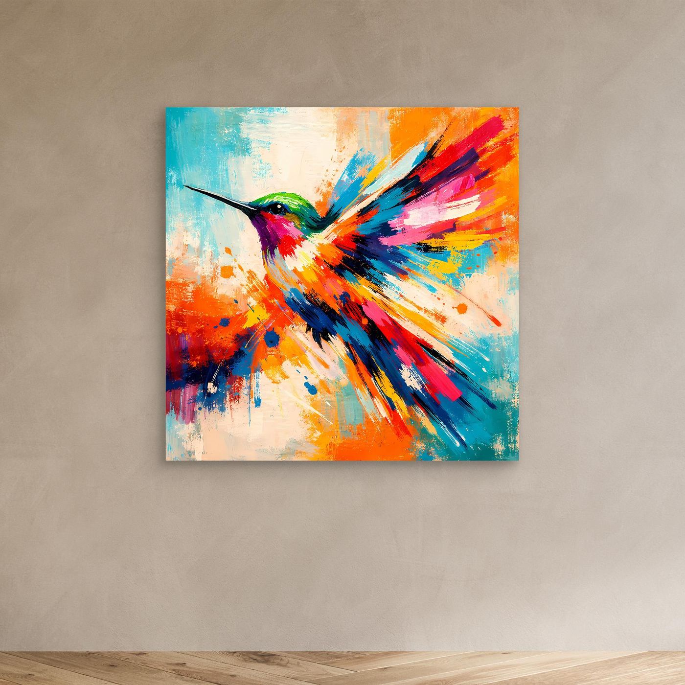 Premium Leinwand Kolibri Farbexplosion | Abstraktes Wandbild Modernes Vogel Poster