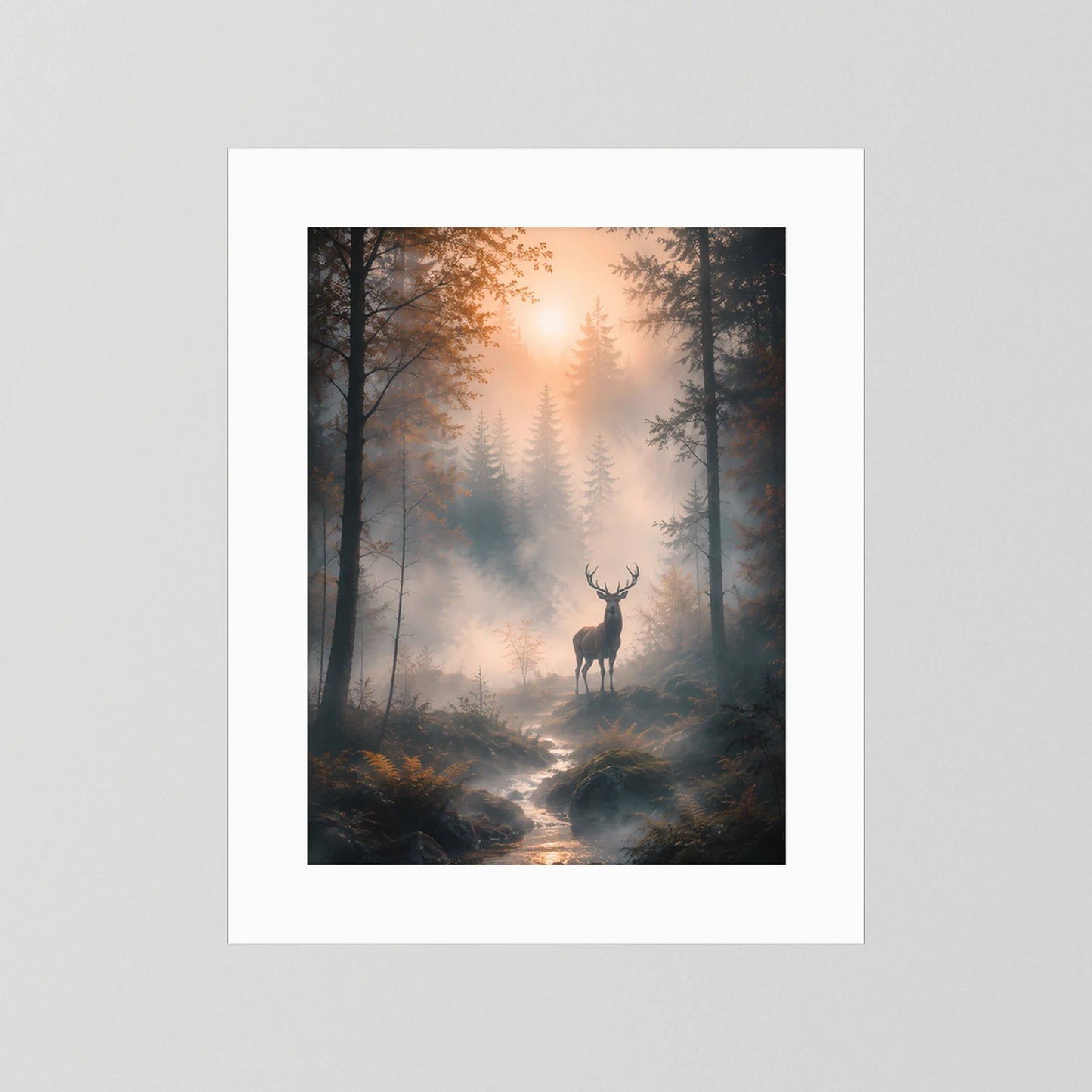 Kunstposter im Hochformat: Hirsch im Nebelwald bei Sonnenaufgang, Waldweg und Bachlauf, weißer Rand
