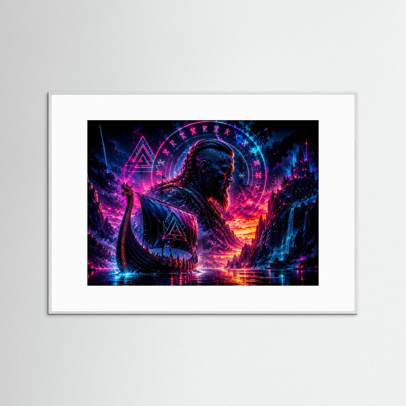 Wikinger im Neonlicht | Mystische nordische Wandkunst mit Runen