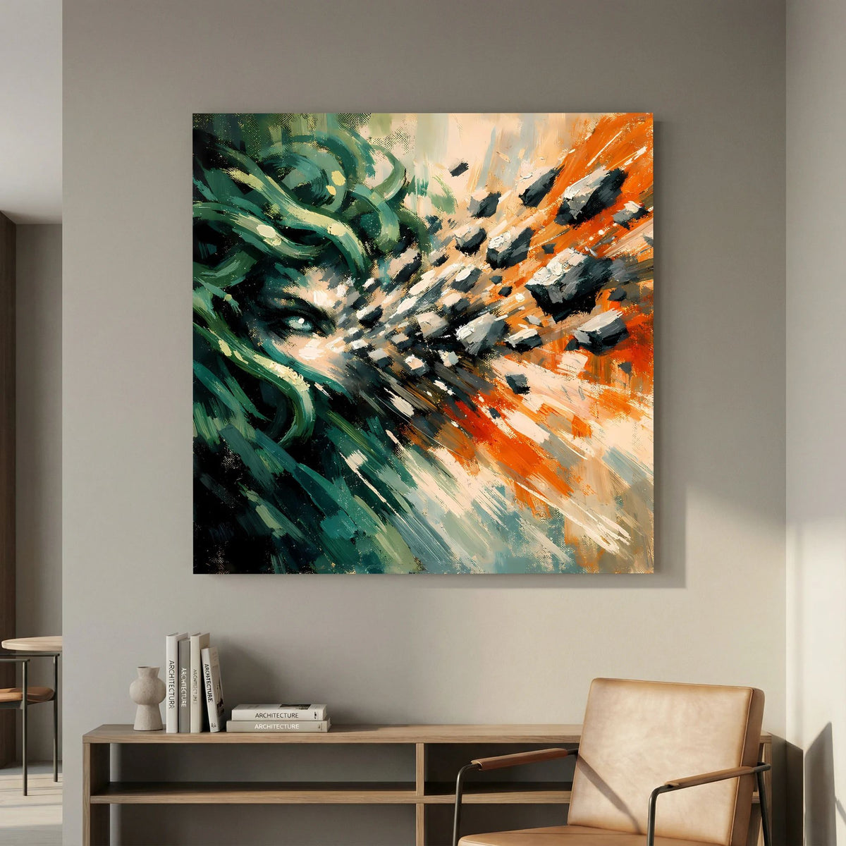 Leinwandbild mit Medusa-Blick, grünem Haar und orangefarbenem Strahleneffekt in Pinseloptik