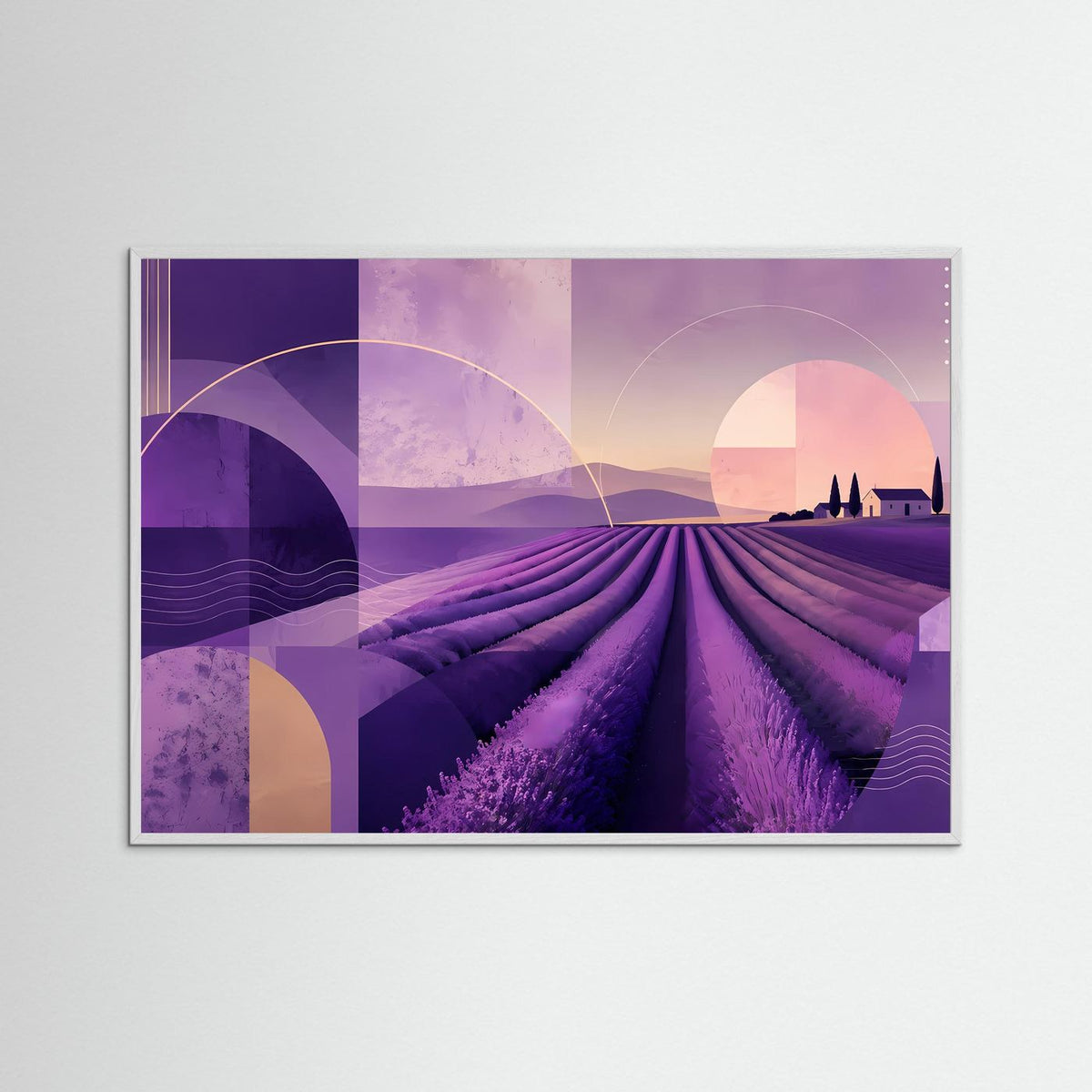 Abstrakte Lavendellandschaft in Violett und Rosa mit Halbkreis-Sonne, warmbrauner Rahmen.
