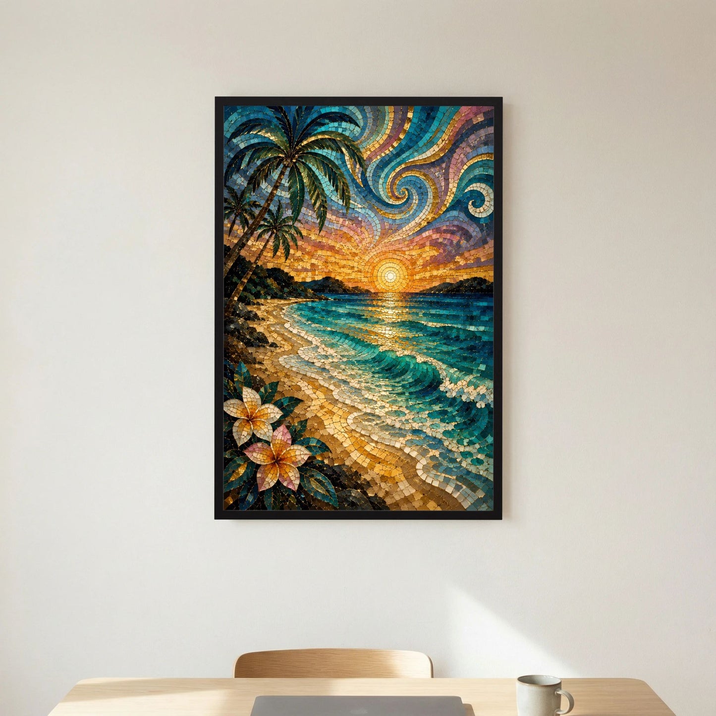 Hochformat-Poster mit Mosaiklandschaft: Palmen am Strand, Meer und orangefarbener Sonnenuntergang.