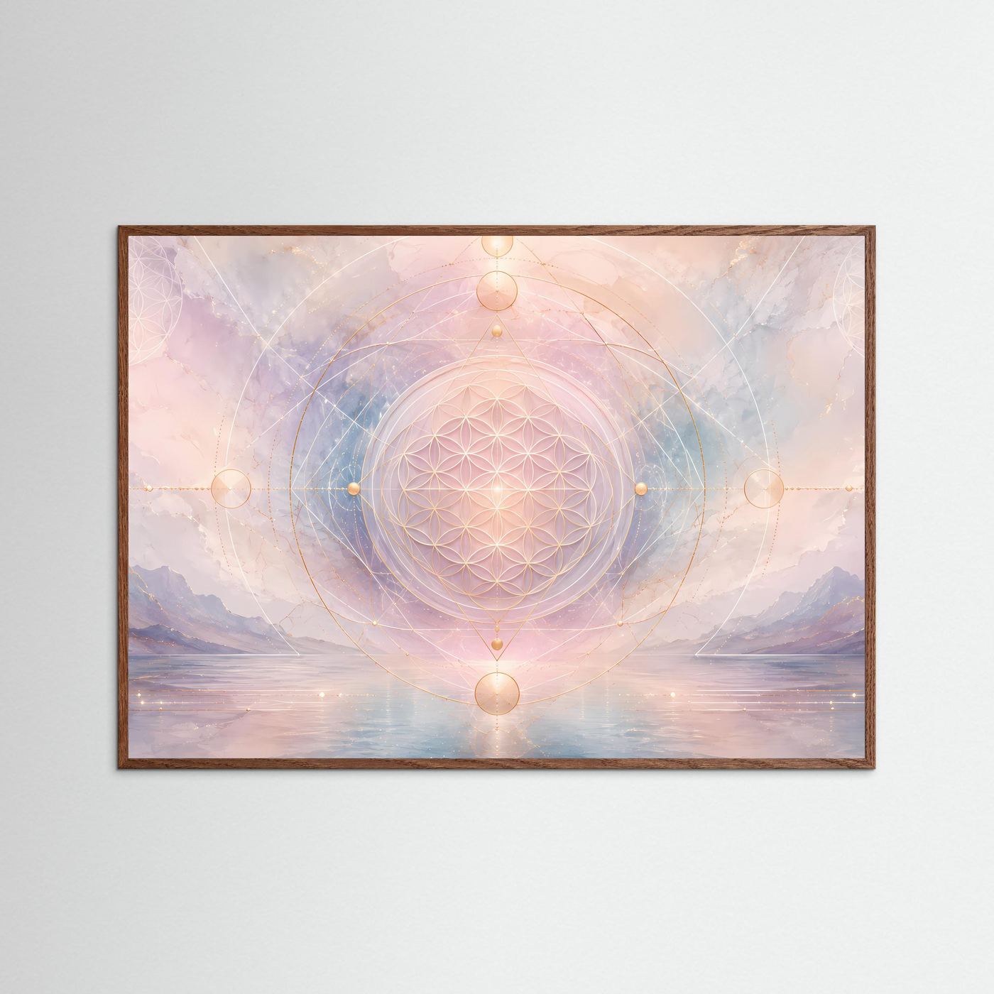 Gerahmtes Poster: Blume-des-Lebens-Mandala in Pastellrosa und Blau, dunkle Eichenrahmung.