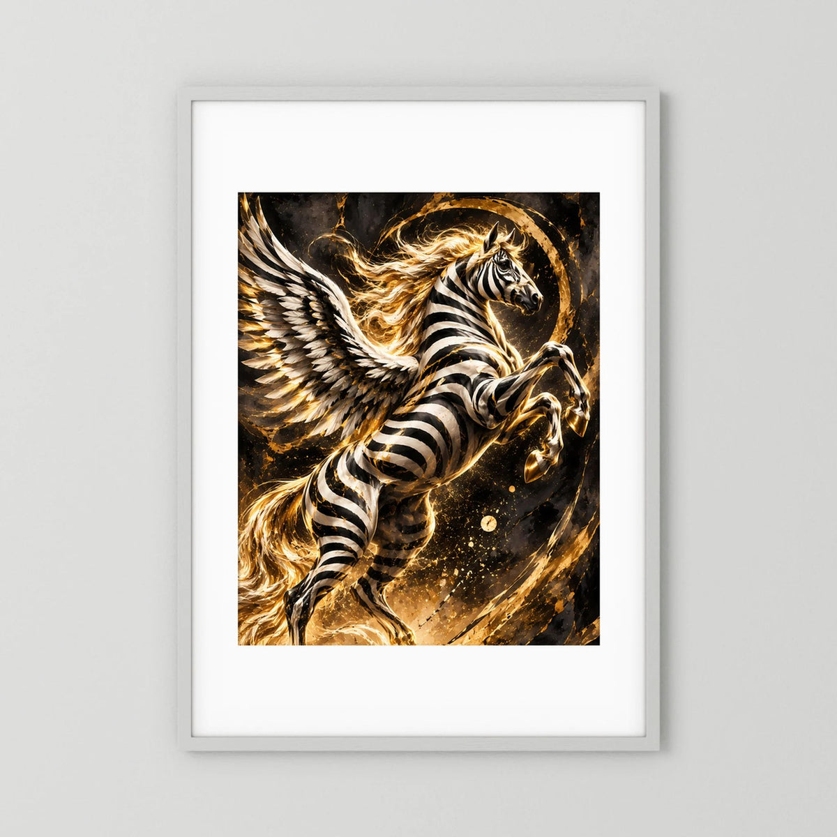 Poster Hochformat mit geflügeltem Zebra-Pegasus im weißen Rahmen mit weißem Passepartout
