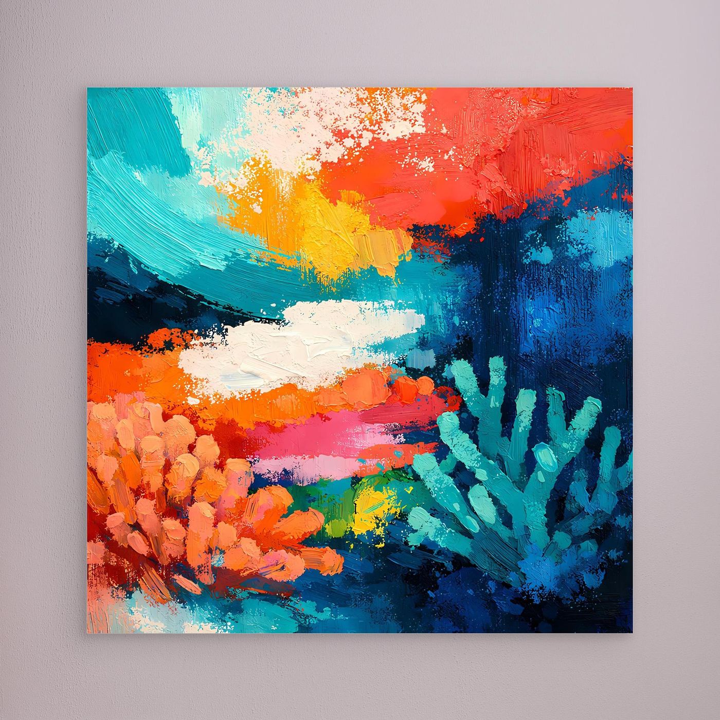 Leinwand-Wandbild mit abstraktem Korallenriff und bunten Pinselstrichen, ohne Rahmen