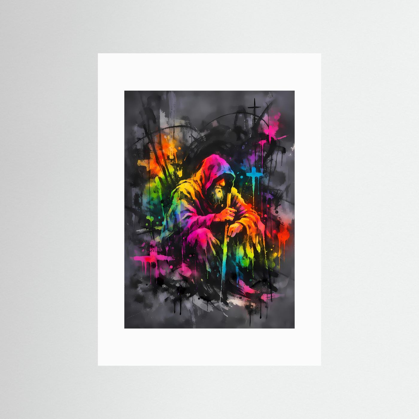 The Neon Hermit | Luxuriöses Mystik Poster Bunt & Dunkel | Abstraktes Magier Kunstposter Hochformat