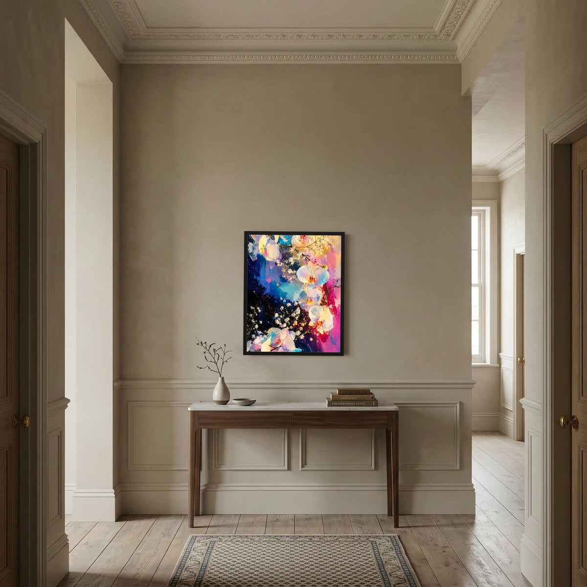 Schwarz gerahmtes Orchideen-Poster, abstrakte Blüten in Pink-, Blau- und Gelbtönen