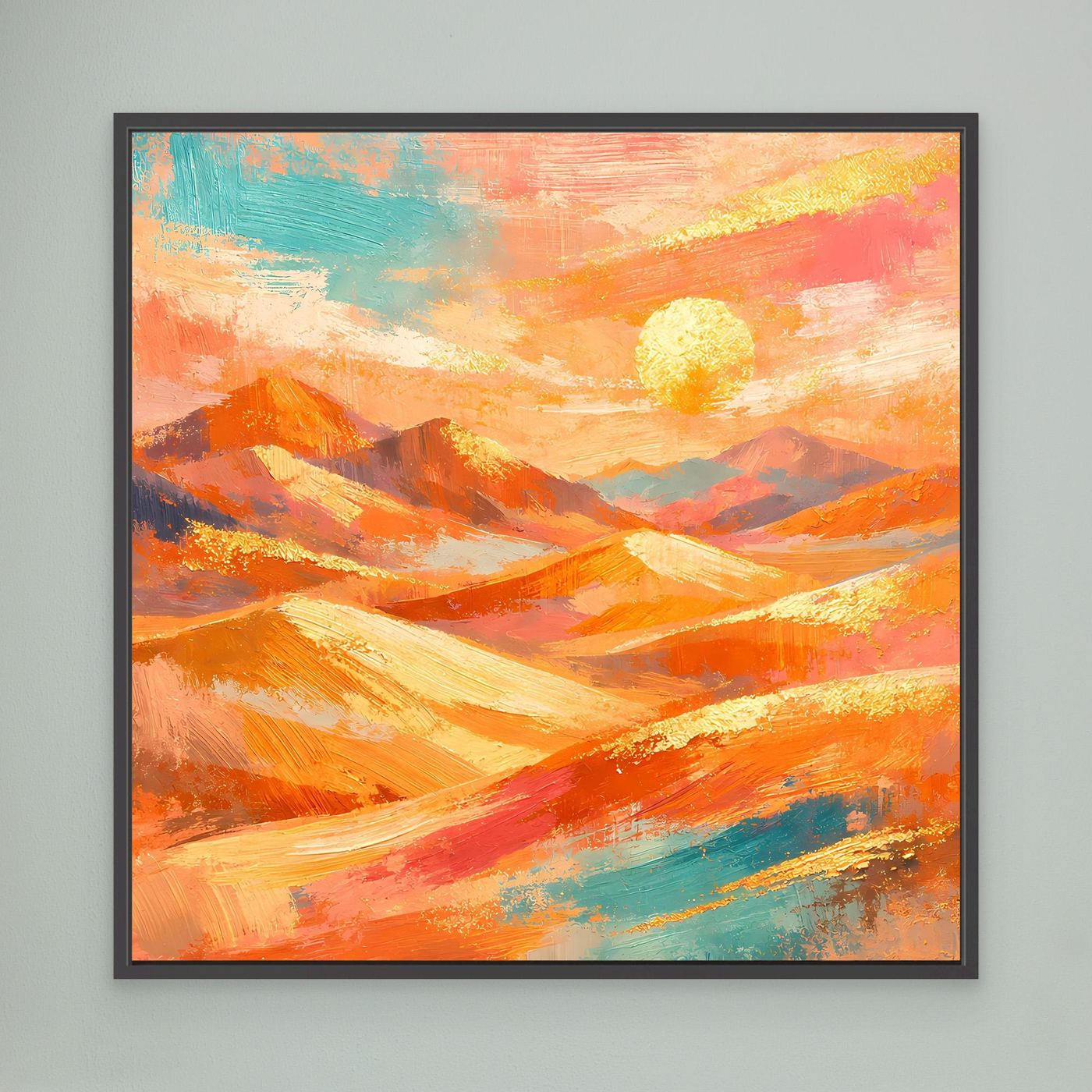 Abstraktes Leinwandbild mit schwarzem Rahmen, orange Wüstenlandschaft mit Sonne
