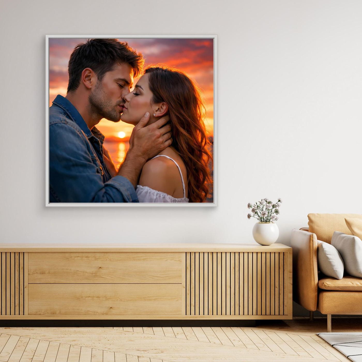 Leinwand Romantischer Kuss im Abendrot | Sinnliches Paar Wandbild