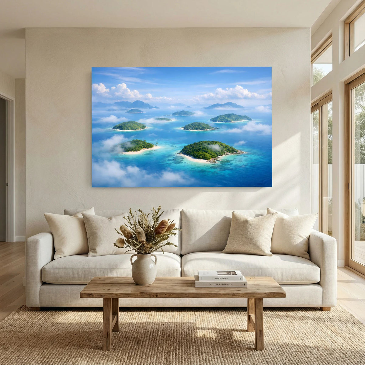 Wandbild mit tropischen Inseln und türkisblauem Meer aus Vogelperspektive
