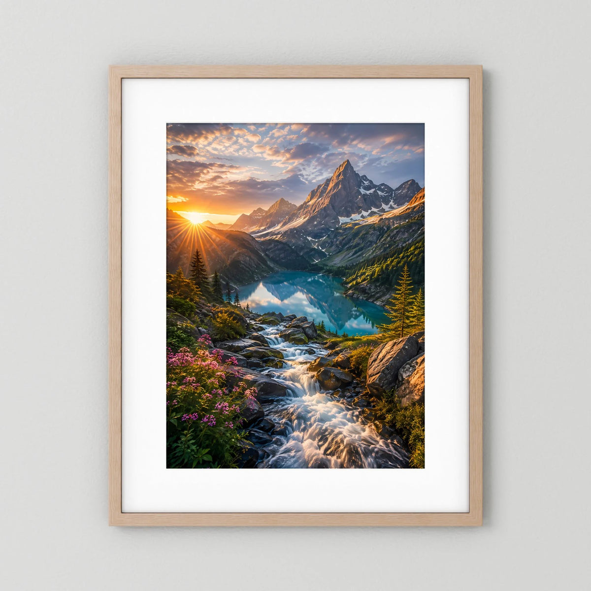 Vertikales Poster mit Berglandschaft, türkisfarbenem See und Wasserfall, naturholzfarbener Rahmen mit weißem Rand