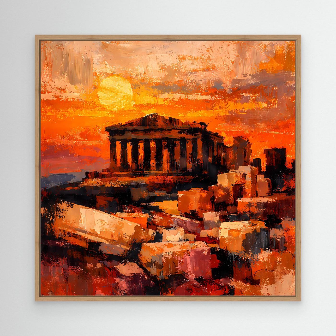 Leinwandbild mit Akropolis im orangefarbenen Sonnenuntergang, brauner Holzrahmen