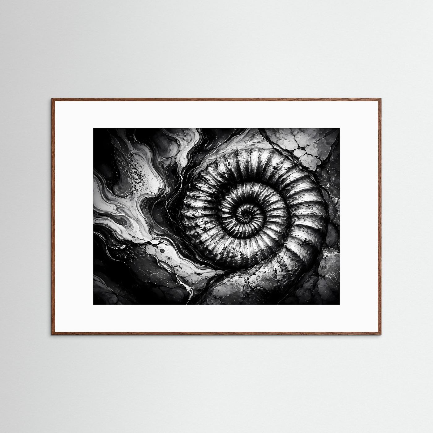Ammonit Fossil Schwarz Weiß Poster | Geologische Wandkunst | Makro Fossilien Kunst | Monochrome Natur Fotokunst | Moderne Leinwand