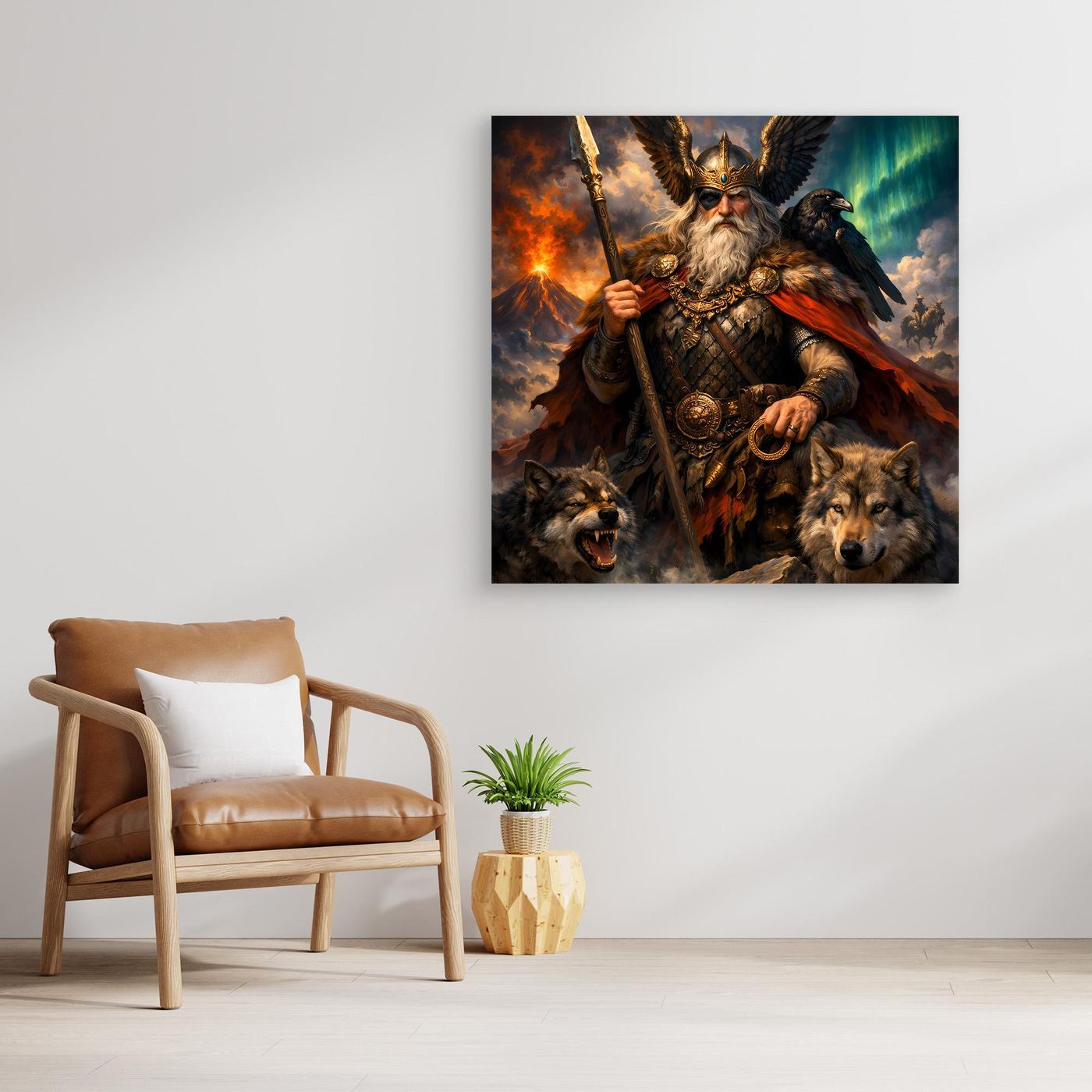 Leinwand Göttervater Odin mit Wölfen und Rabe | Mythologisches Wikinger Wandbild