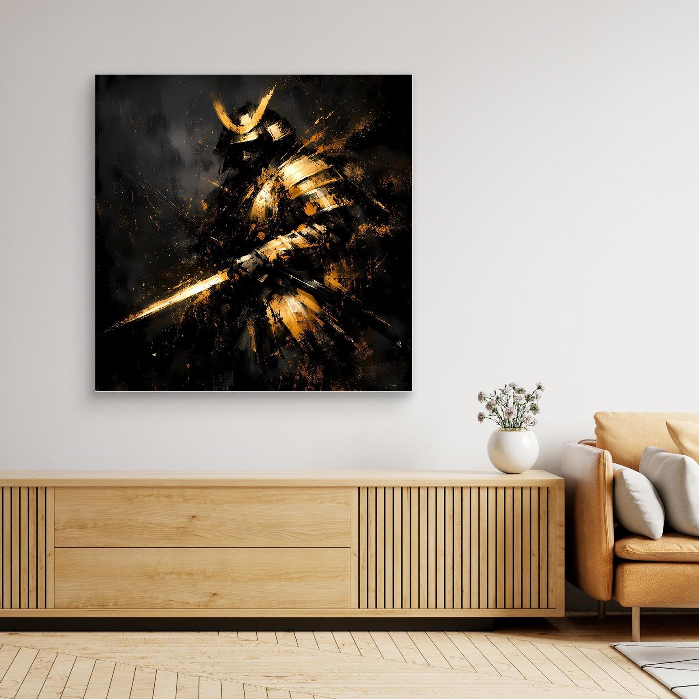 Leinwand Abstrakter Goldener Samurai | Modernes Japanisches Krieger Wandbild